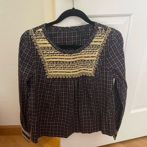 J.Crew plaid with gold detailed embroidered shirt, Small